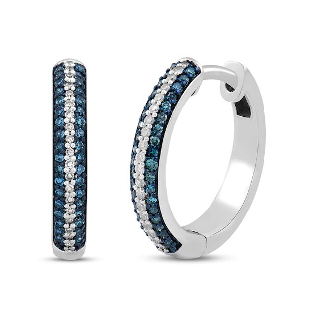 Blue & White Diamond Pave Hoop Earrings 1/4 ct tw Round-cut 10K White Gold