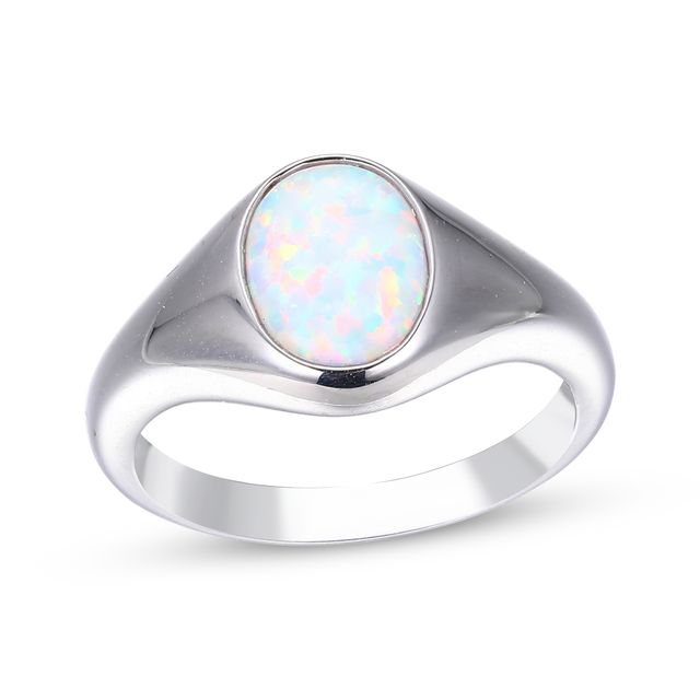Oval-Cut Lab-Created Opal Signet Ring Sterling Silver