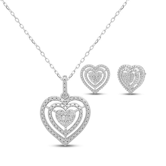 Tapered Baguette & Round-Cut Diamond Heart Necklace & Earrings Gift Set 1/4 ct tw Sterling Silver 18"