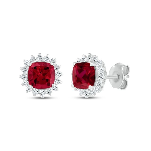 Cushion-Cut Lab-Created Ruby & Round-Cut White Lab-Created Sapphire Starburst Halo Stud Earrings Sterling Silver