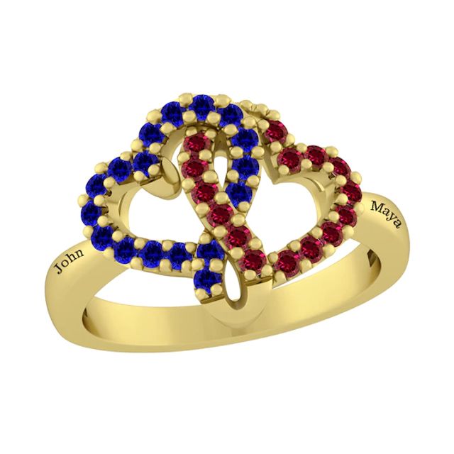 Birthstone Couple's Double Interlocking Hearts Ring (2 Stones and Lines)