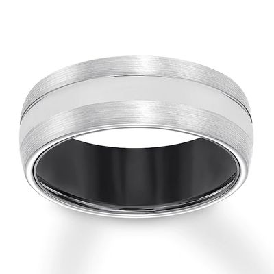 8mm Wedding Band White Tungsten Carbide & Black Ceramic