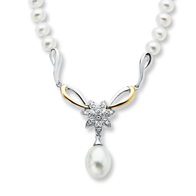 Cultured Pearl Necklace With Diamonds Sterling Silver/10K Gold