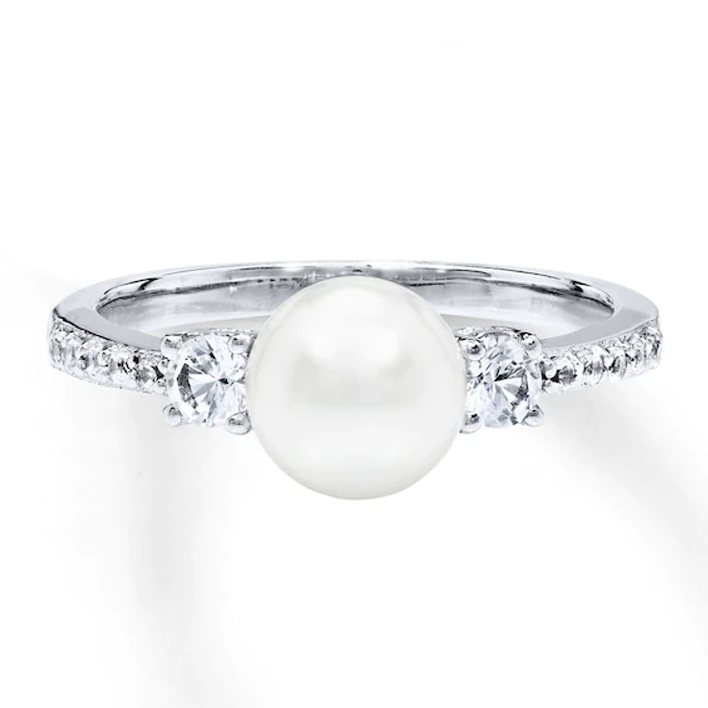 Cultured Pearl Ring Lab-Created White Sapphires Sterling Silver
