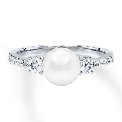Kay Cultured Pearl Ring Lab-Created White Sapphires Sterling Silver