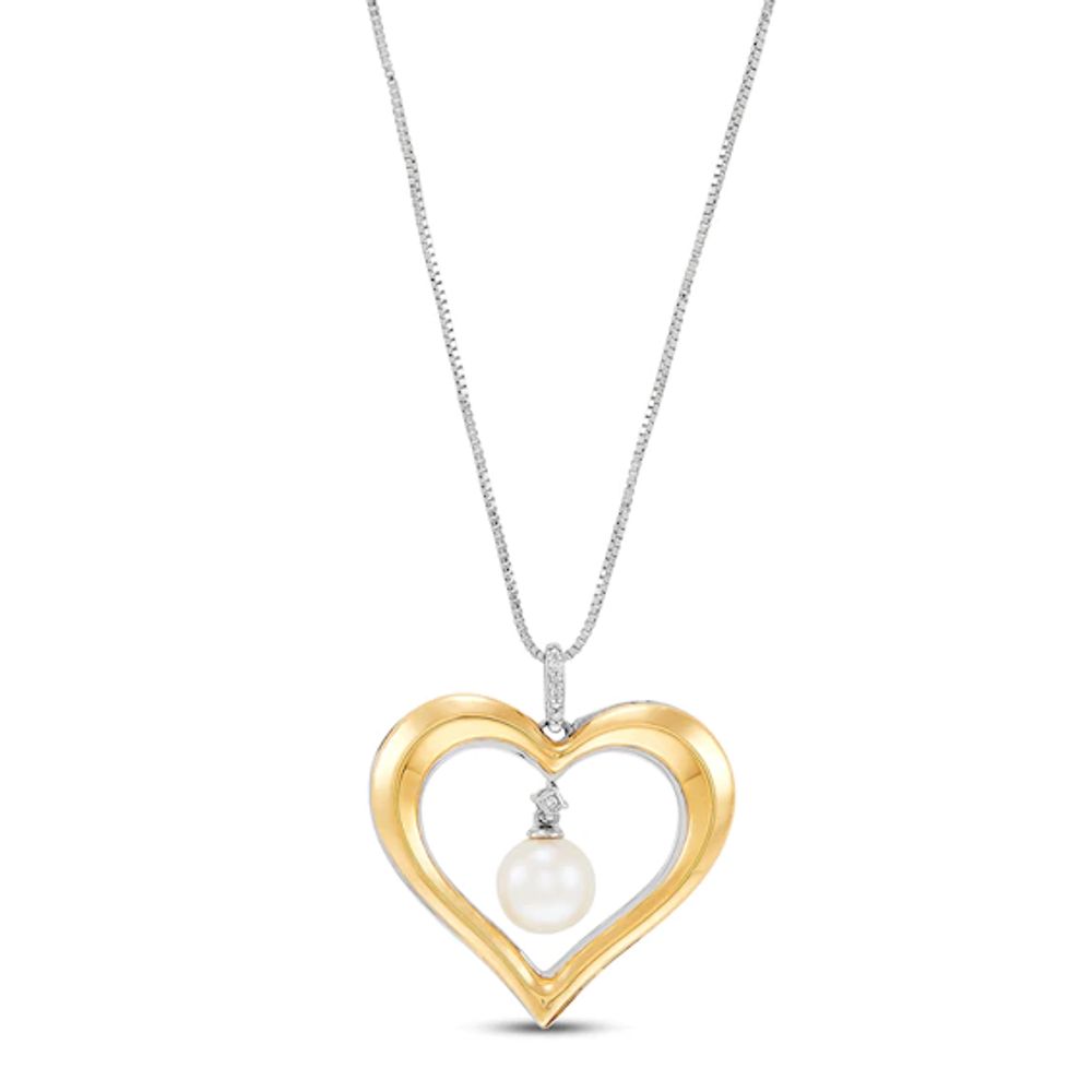 Cultured Pearl & Diamond Heart Necklace Sterling Silver/10K Yellow Gold 18"