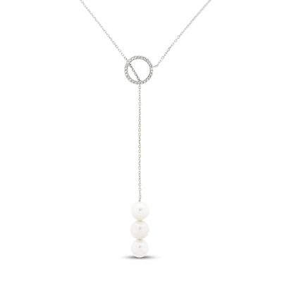 Cultured Pearl & White Lab-Created Sapphire Y Necklace Sterling Silver