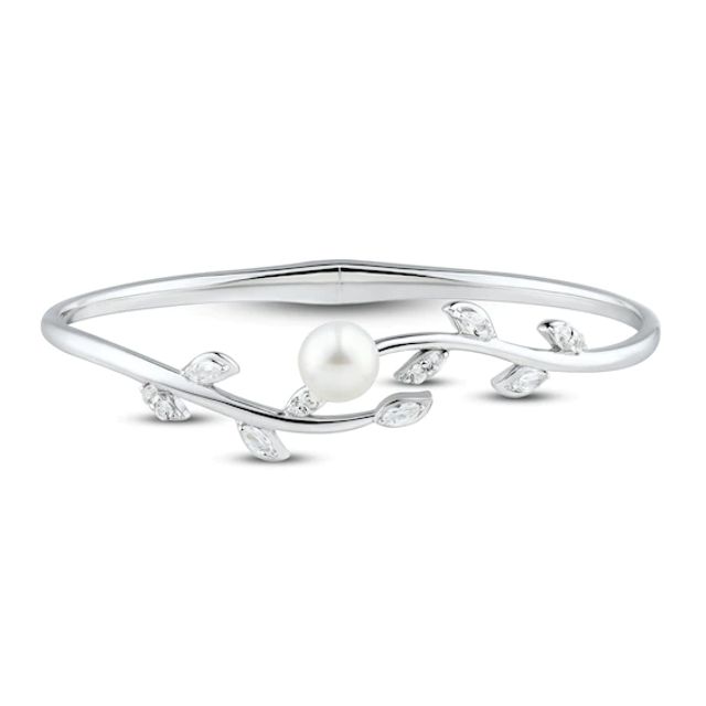Kay Cultured Pearl & White Lab-Created Sapphire Leaf Bangle Sterling Silver