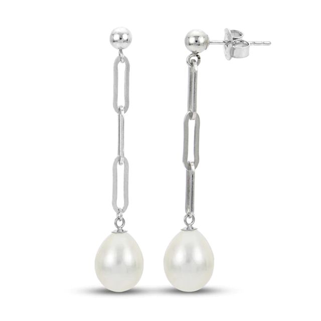 Cultured Pearl Paperclip Dangle Earrings Sterling Silver