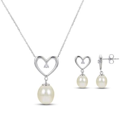 Cultured Pearl & White Lab-Created Sapphire Heart Boxed Set Sterling Silver