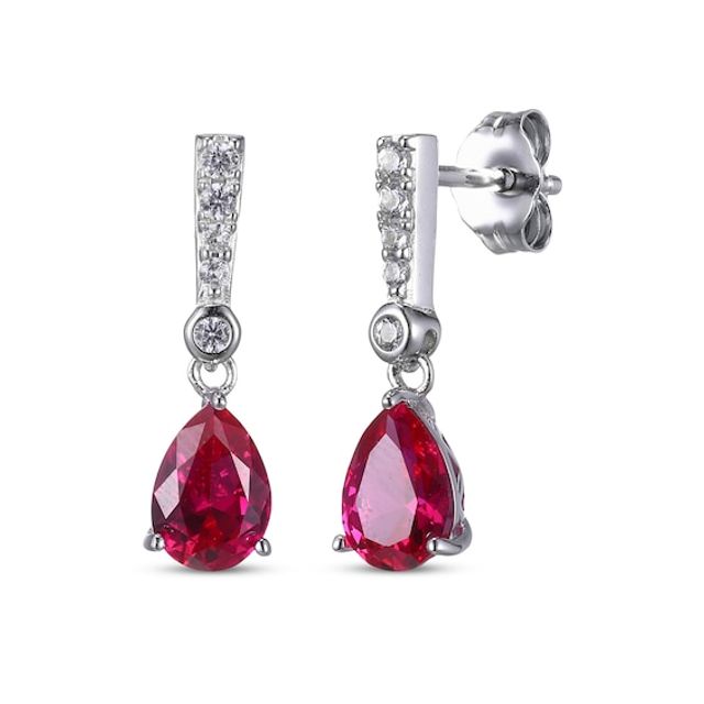 Pear-Shaped Lab-Created Ruby & Round-Cut White Lab-Created Sapphire Drop Earrings Sterling Silver