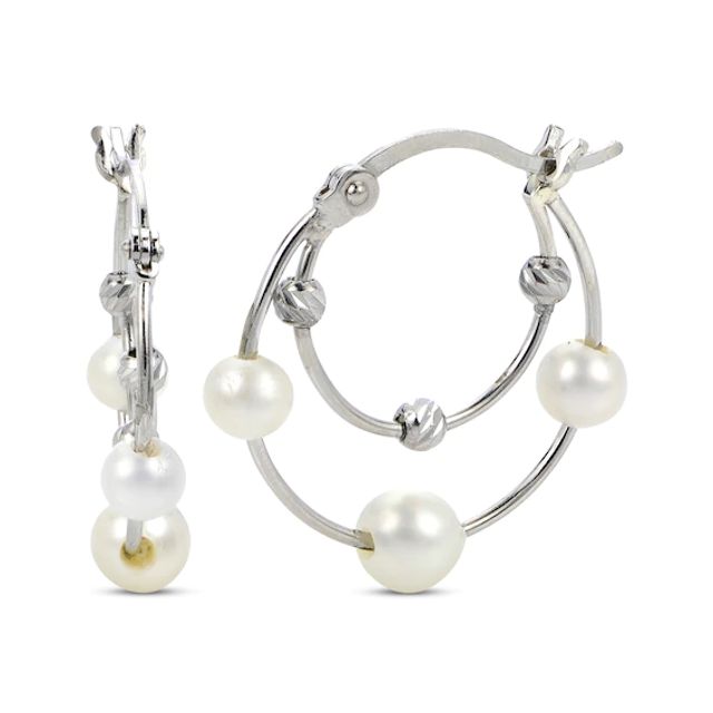 Cultured Pearl & Diamond-Cut Bead Double Hoop Earrings Sterling Silver