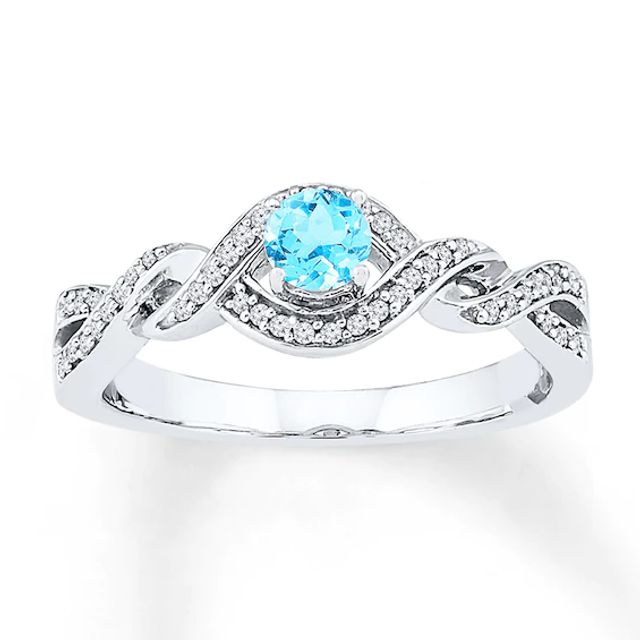 Blue Topaz Ring 1/6 ct tw Diamonds 10K White Gold