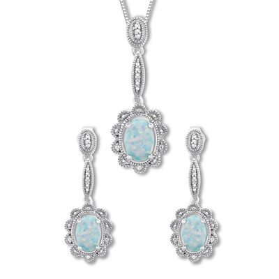 Lab-Created Opal Boxed Set 1/20 ct tw Diamonds Sterling Silver