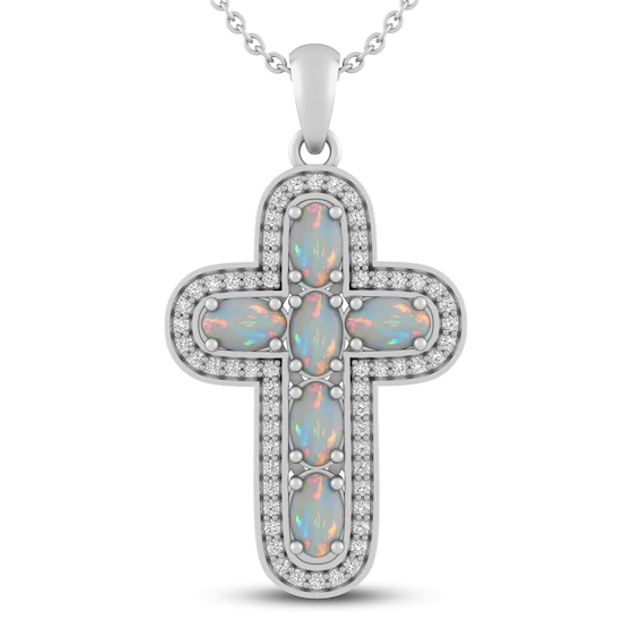 Lab-Created Opal & White Lab-Created Sapphire Cross Necklace Sterling SIlver 18"