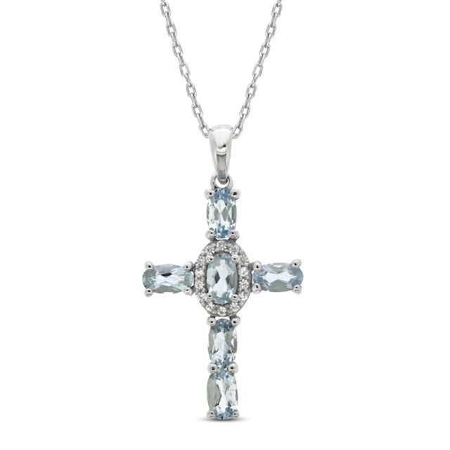 Aquamarine & White Lab-Created Sapphire Cross Necklace Sterling Silver 18"