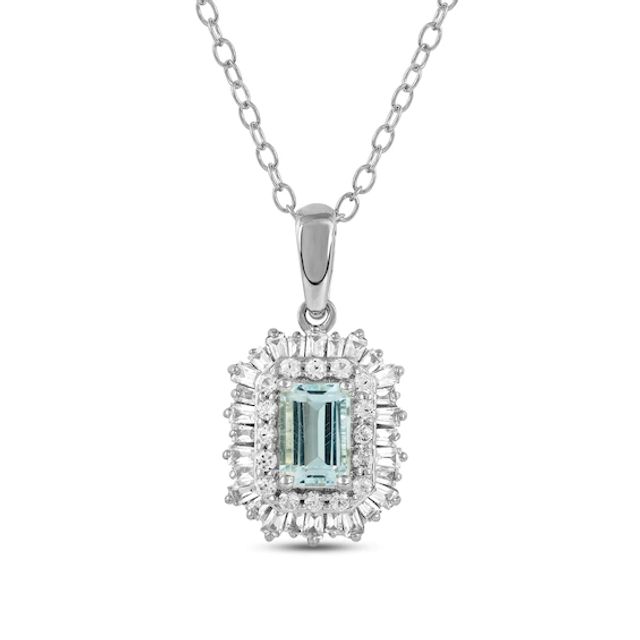 Aquamarine & White Lab-Created Sapphire Necklace Sterling Silver 17"