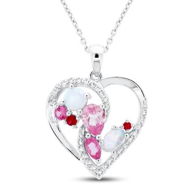 Kay Lab-Created Opal/Lab-Created Ruby/Pink & White Lab-Created Sapphire Heart Necklace Sterling Silver 18"