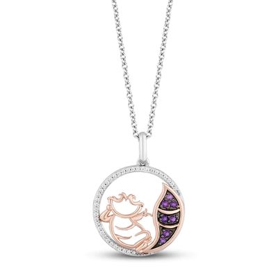 Disney Treasures Alice in Wonderland "Cheshire Cat" Diamond & Amethyst Necklace 1/10 ct tw Sterling Silver/10K Rose Gold