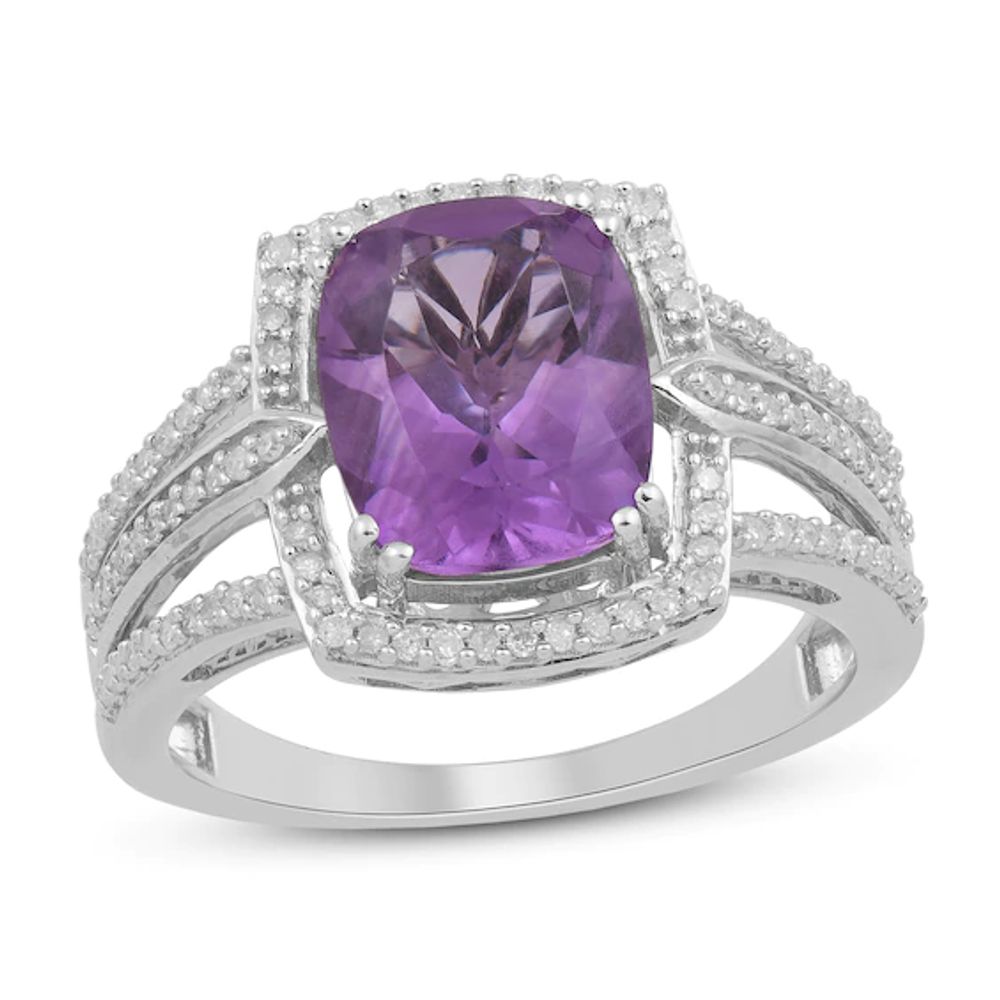 Amethyst Ring 1/4 ct tw Diamonds Sterling Silver