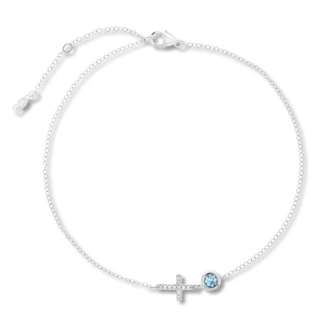 Swiss Blue Topaz & White Lab-Created Sapphire Cross Anklet Sterling Silver 11" Adjustable