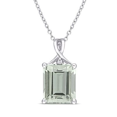 Green Quartz & White Topaz Necklace Octagon/Round-Cut Sterling Silver 18"