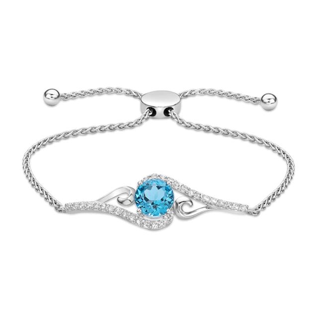 Swiss Blue Topaz & White Topaz Bolo Bracelet Sterling Silver