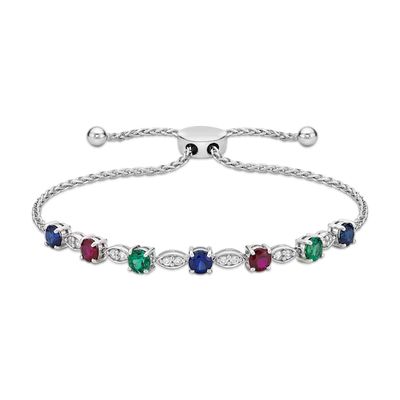 Kay Lab-Created Ruby, Lab-Created Emerald, Blue & White Lab-Created Sapphire Bolo Bracelet Sterling Silver 7.5"