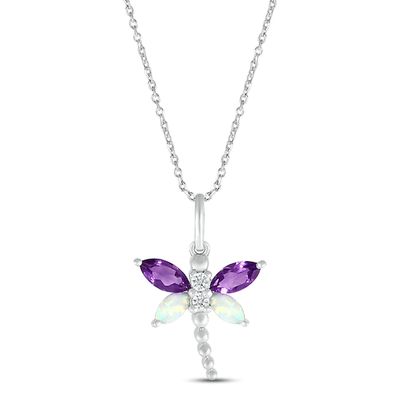 Amethyst, Lab-Created Opal & White Lab-Created Sapphire Dragonfly Necklace Sterling Silver 18"