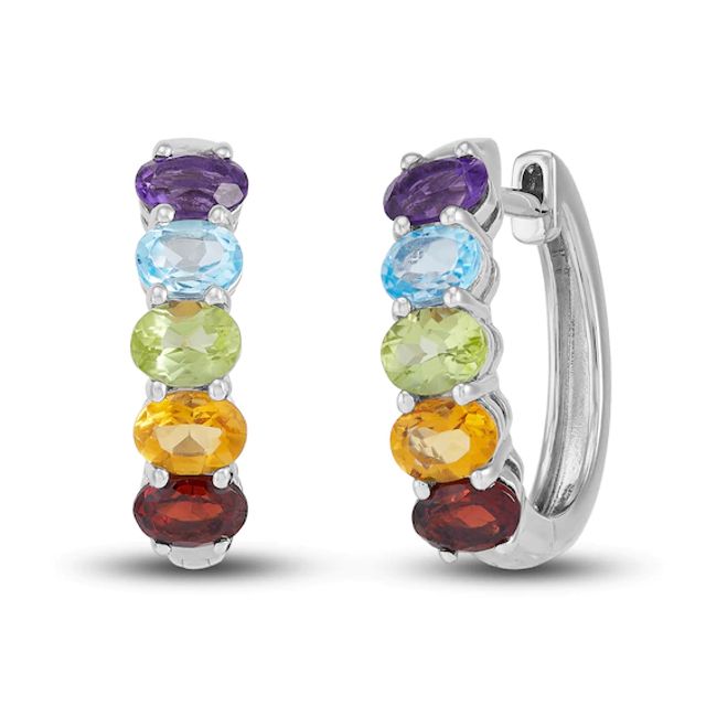 Multi-Stone Rainbow Huggie Hoop Earrings Sterling Silver