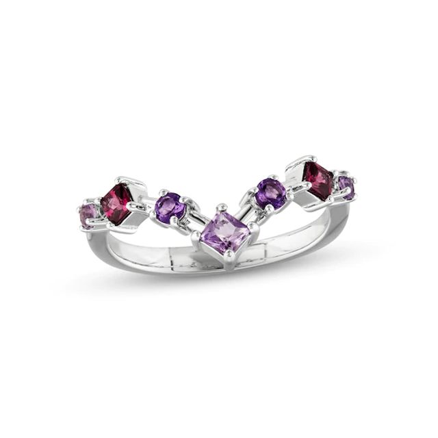 Pink Quartz, Amethyst & Rhodolite Garnet Chevron Ring Sterling Silver