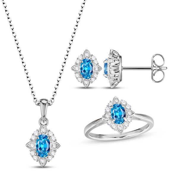 Oval-Cut Swiss Blue Topaz & White Lab-Created Sapphire Scalloped Frame Gift Set Sterling Silver