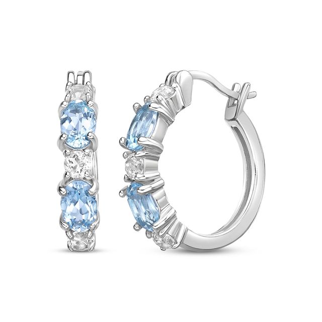 Oval-Cut Swiss Blue Topaz & White Lab-Created Sapphire Hoop Earrings Sterling Silver