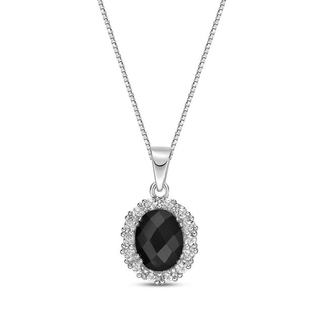 Oval-Cut Black Onyx & White Lab-Created Sapphire Necklace Sterling Silver 18"