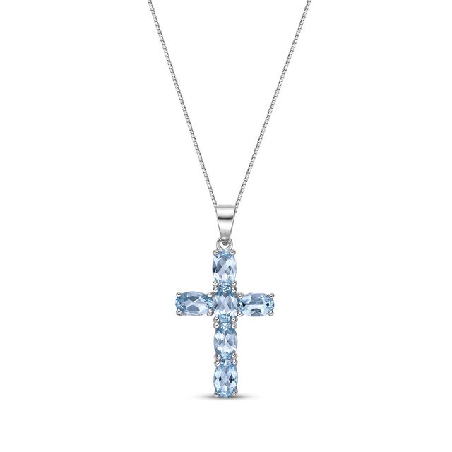 Oval-Cut Swiss Blue Topaz Cross Necklace Sterling Silver 18”