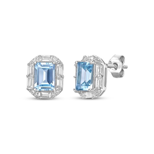Rectangle-Cut Swiss Blue Topaz & White Lab-Created Sapphire Stud Earrings Sterling Silver