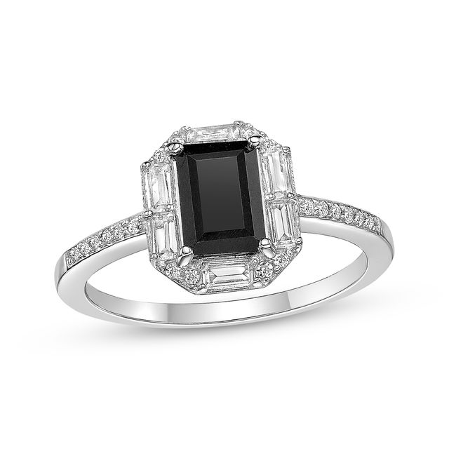 Rectangle-Cut Black Onyx & White Lab-Created Sapphire Ring Sterling Silver