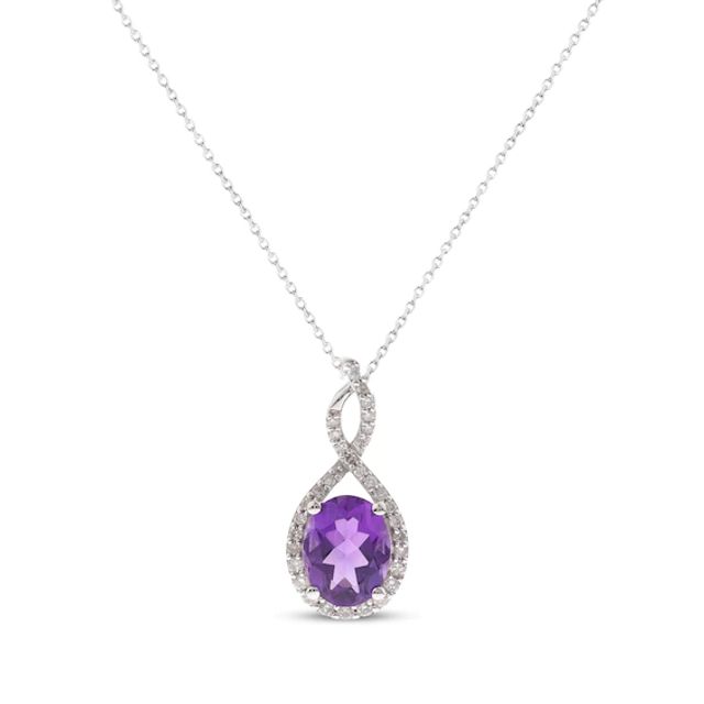 Oval-Cut Amethyst & Round-Cut Diamond Necklace 1/6 ct tw Sterling Silver 18”