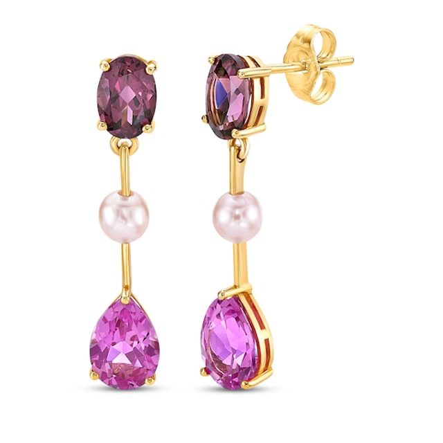 Oval-Cut Rhodolite Garnet, Pink Cultured Pearl & Pear-Shaped Pink Lab-Created Sapphire Drop Earrings 10K Yellow Gold