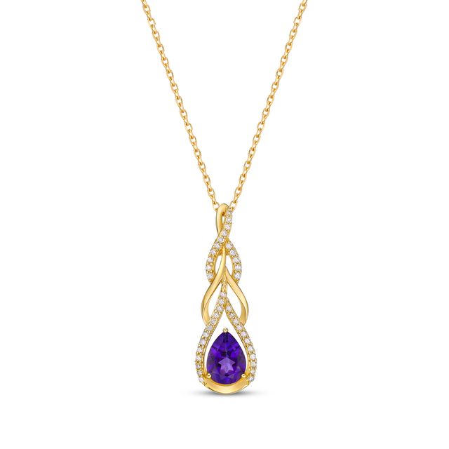 Pear-Shaped Amethyst & Round-Cut Diamond Teardrop Twist Necklace 1/5 ct tw 10K Yellow Gold 18”