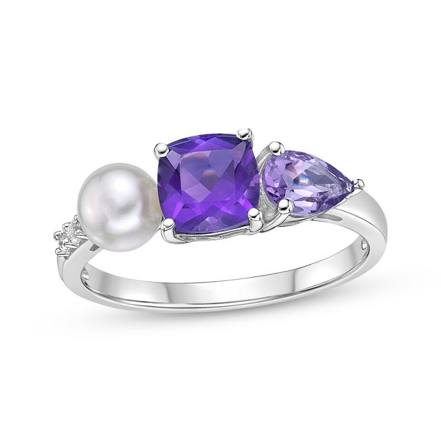 Pear-Shaped Light Amethyst, Cultured Pearl, Cushion-Cut Amethyst & Round-Cut White Lab-Created Sapphire Ring Sterling Silver