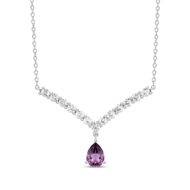 Pear-Shaped Amethyst & Round-Cut White Lab-Created Sapphire Chevron Necklace Sterling Silver 18”