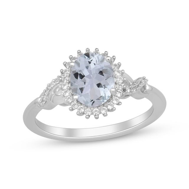 Oval-Cut Aquamarine & Round-Cut White Lab-Created Sapphire Starburst Ring Sterling Silver