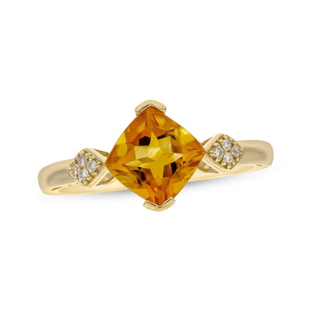 Cushion-Cut Citrine & Round-Cut Diamond Ring 1/20 ct tw 10K Yellow Gold