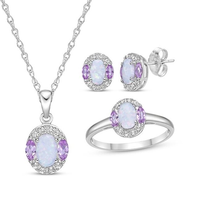 Oval-Cut Lab-Created Opal & Multi-Shape Pink and White Lab-Created Sapphire Gift Set Sterling Silver