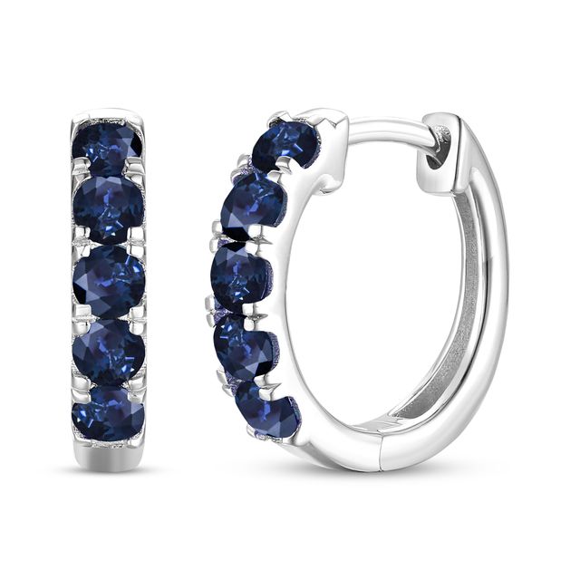 Round-Cut Blue Sapphire Hoop Earrings 10K White Gold