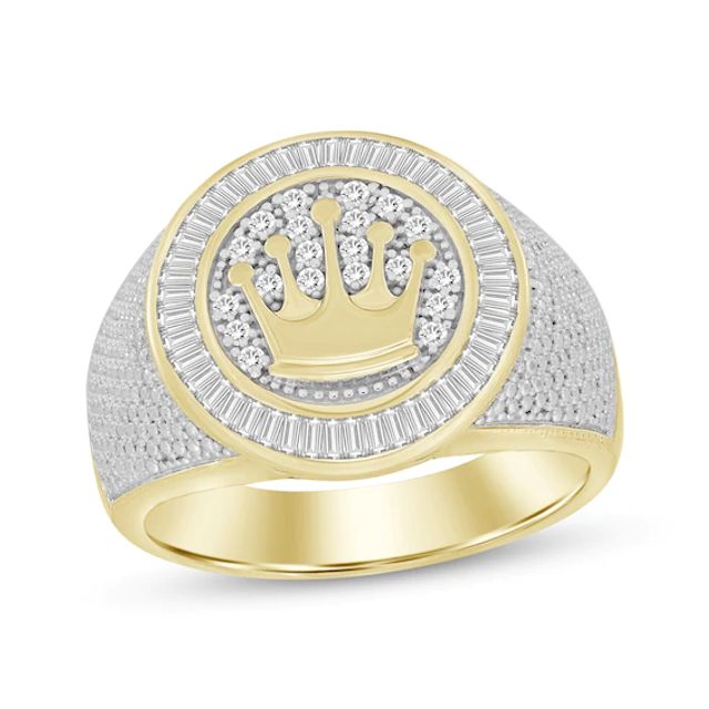 Men’s Round & Baguette-Cut Diamond Crown Signet Ring 1/2 ct tw 10K Yellow Gold