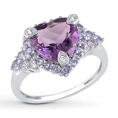 Amethyst Heart Ring Tanzanites & Diamonds 10K White Gold