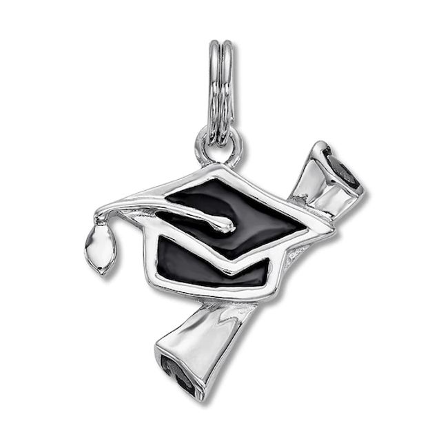 Graduation Cap & Diploma Charm Sterling Silver/Black Enamel