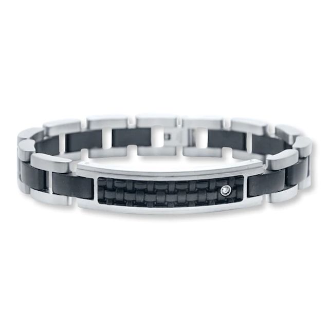 Men's Bracelet Diamond Accent Stainless Steel & Leather 8.5"